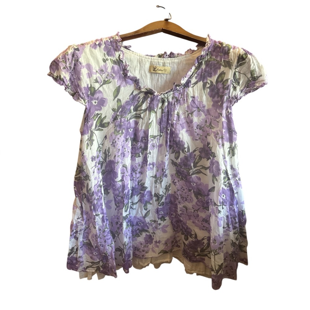 Boutique Women's Large Lavender Floral Short Sleeve Tunic Long Casual Blouse